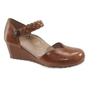 Aetrex Mia Braid Sandal Mary Jane Wedge Leather Size 39 Boho Brown